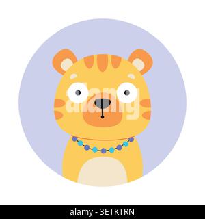 Lustiger Tiger mit blauen Perlen um den Hals. Avatar, Porträt, Social-Media-Design. Vektorabbildung isoliert auf weißem Hintergrund. Stock Vektor