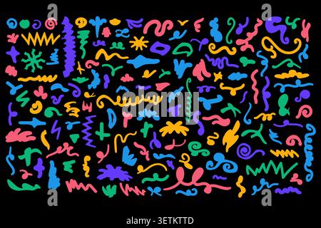 Abstrakte, farbenfrohe Doodle Shapes Kollektion mit verspielten organischen Formen, dekorativen Schnörkeln, kreativen Symbolen und handgezeichneten Designelementen, passend Stock Vektor