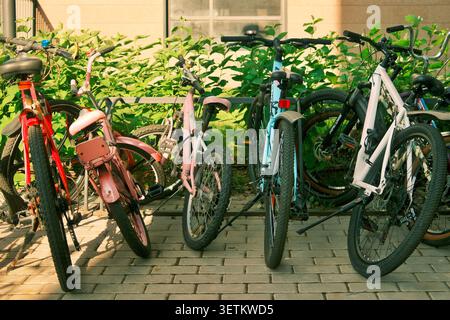 Farbenfrohe Fahrräder parken in einem Innenhof, umgeben von Grün. Konzept des städtischen Lebensstils, des Wohnens in der Gemeinschaft und des nachhaltigen Verkehrs Stockfoto