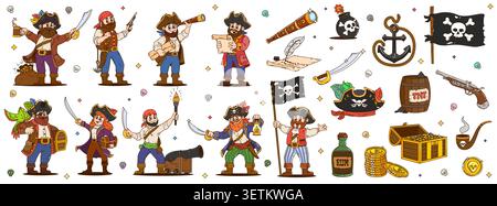 Zeichentrickfiguren, lustige, groovige Korsair-Kapitän, Bootsführer, Kapitän und Seemann und Spielsymbole. Cartoon lustige karibikpiraten mit Schatzkarte und Truhe, Anker, schwarzem Hut, Flagge Stock Vektor