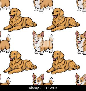 Entzückender goldener Retriever und Corgi Hund nahtlose Muster Vektor, nette Haustiere Illustration für Textil und Tapete Stock Vektor