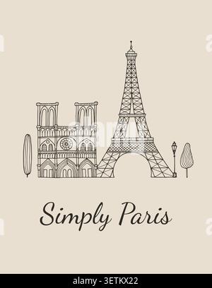 Pariser Vintage-Postkarte mit Eiffelturm und Kathedrale Notre-Dame. Handgezeichneter Retro-Doodle-Druck für Shopper-Design oder Grußkarte. Line Art Pos. Stock Vektor