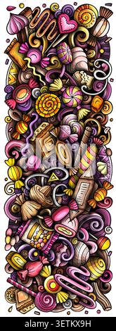 Comic Vector Candies Doodle Illustration zeigt eine Vielzahl von süßen Lebensmitteln Objekte und Symbole. Leuchtende Farben skurriles lustiges Bild. Stock Vektor
