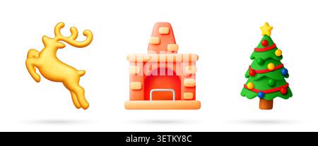 3D-Set von weihnachtlichen Hirschen, Kamin und Baum Stock Vektor