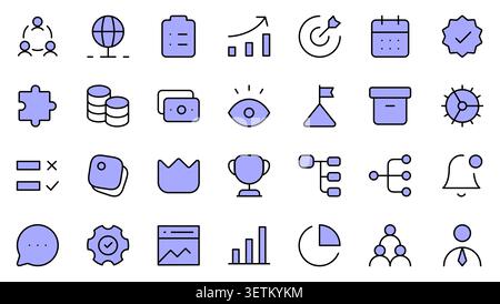 Geschäfts- und Produktivitätssymbole setzen bearbeitbare Konturvektorillustration. Teamwork, Analytics, Ziel, Kalender und Erfolg Stock Vektor