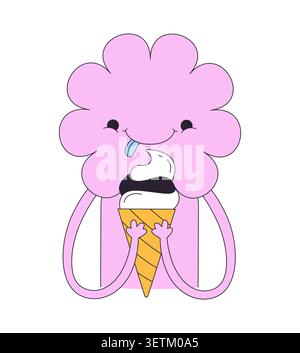 Funky pinkfarbene Blume Maskottchen lecken Eis 2D Zeichentrickfigur Stock Vektor