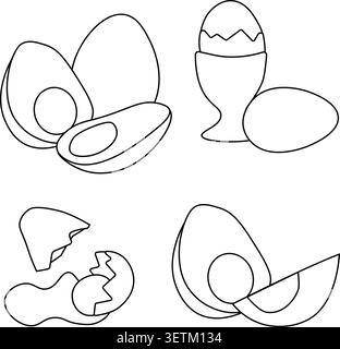 Ikone von zwei Eiern in einem Eierbecher. Und Whole Egg Schwarz-weiß Komposition Set handgezeichnete Illustration. Vektorgrafik Strichgrafik. Für Poster, Flyer, Verbot Stock Vektor