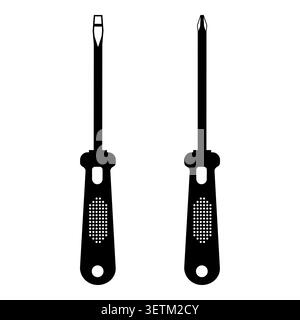 Schwarze und whiite minimalistische Schraubendreher-Silhouetten isoliert auf weißem Hintergrund Stock Vektor