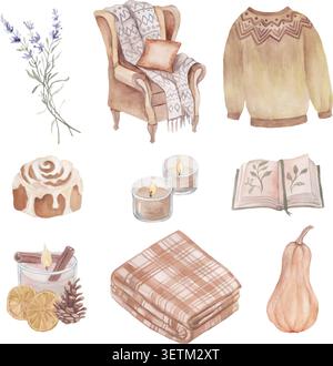 Gemütliches Hygge Herbstset mit handgemalten Aquarellelementen, Sessel mit Decke, Pullover, Buch, Kürbis, Zimtrolle, isolierte Objekte. Vektor-EPS. Stock Vektor