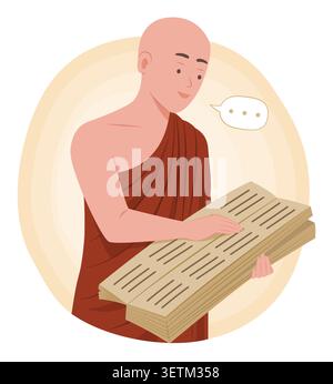 Asiatischer buddhistischer Mönchspriester, der die Tipitaka-Schriften oder den Pali-Kanon hält und Mantra-Gebet für die Illustration des religiösen Konzepts des Buddhismus singt Stock Vektor
