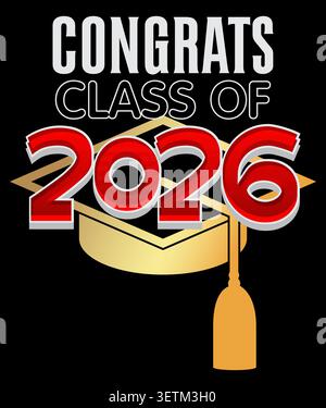 Design-Vorlage für Graduierung 2026 in Schwarz und Gold. Einladung zur Vintage-Party, Glückwunschveranstaltung, Grußkarte. Vector High School oder College Stock Vektor