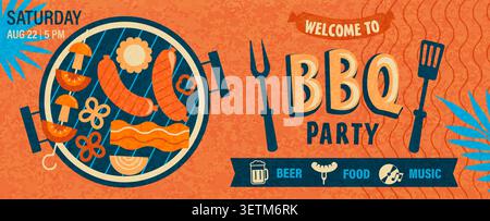 Grillparty, Einladung zum Picknick im Sommer. Bier, Essen und Musik. Blick von oben auf gegrillten Speck, Fleisch, Würstchen, Tomaten, Pilze. Grilldesign für Flyer, Web, Cover, Poster, Anzeigen. Vektor Stock Vektor