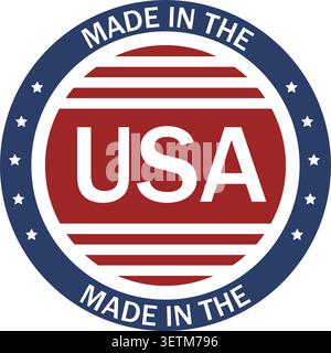 Kreisförmiges rot-weißes und blaues „usa“-Emblem mit Sternen und Text „Made in the“ um den Rand. Stock Vektor