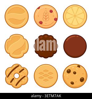 Set mit neun verschiedenen Keksen, verschiedene Formen und Geschmacksrichtungen. Cartoon Vektor ClipArt Illustration. Stock Vektor