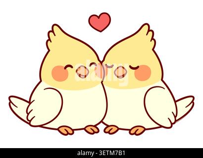 Cute cartoon Nymphensittich paar Zeichnung. Kleine Papageien Vögel in Liebe mit Herz. Isolierte vector clip art Illustration. Stock Vektor