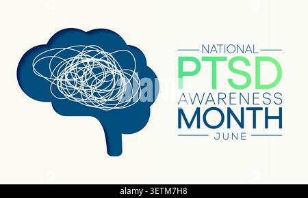 Der PTSD-Sensibilisierungsmonat wird jedes Jahr im Juni beobachtet. Die posttraumatische Belastungsstörung ist eine psychiatrische Störung, die bei Menschen mit Erfahrung auftreten kann Stock Vektor