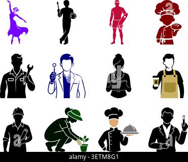Ein flaches Silhouette-Illustrationsset mit verschiedenen professionellen und aktivitätsorientierten Personen, darunter Tänzer, Künstler, Sportler, Koch, Mechaniker, Dok Stock Vektor