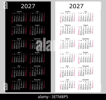 2027 vertikales minimales jährliches Kalenderdesign Schwarzweiß-Monatslayout für Planer. Stock Vektor