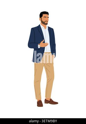 Selbstbewusster Mann in marineblauem Blazer und beigefarbener Hose. Stock Vektor