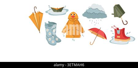 Netter Herbst regnerischer Tag Vektor Set mit Regenschirmen Regenmänteln Stiefeln und Wolken flach Stock Vektor