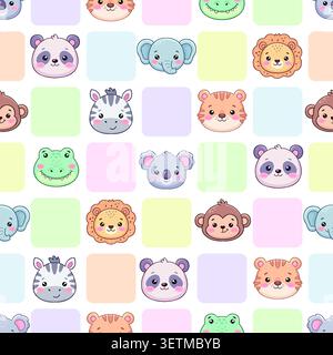 Niedliche Kawaii-Babytiere sehen buntes, nahtloses Muster mit quadratischem Gitter Stock Vektor