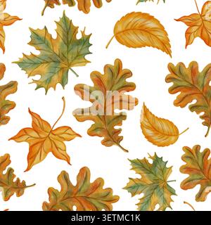 Nahtloses Aquarellmuster von Herbstblättern. Handgezeichneter Hintergrund mit bunten Ahorn- und Eichenlaub. Warme Herbsttextur, perfekt für Schuldekorateure Stockfoto