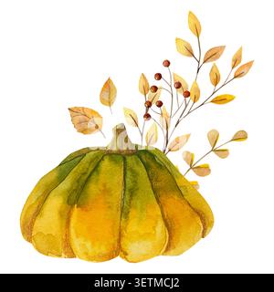 Handgemachte Aquarell-Kürbis-Illustration mit trockenen gelben Blättern auf einem Zweig Stockfoto