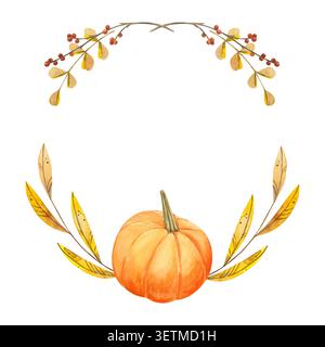 Handgezeichneter Aquarellrahmen mit Kürbis und trockenen gelben Blättern und Zweigen. Stockfoto