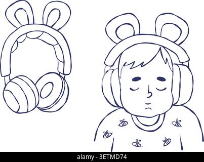 Niedliches Kopfhörerset und Kunstwerk für Jungen. Isolierte Kontur, Handgezeichneter Doodle. Schnurloses Headset mit Hasenohren und ruhigem Charakter mit Bear Ears SLE Stock Vektor