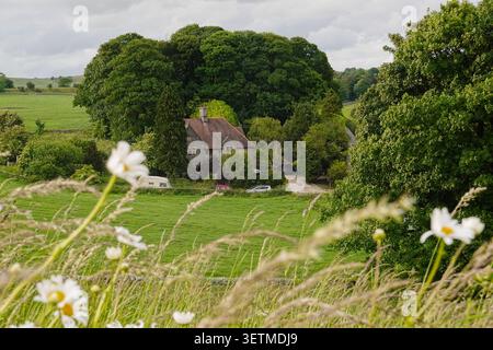 Ein historisches Stationshaus aus Stein, eingebettet zwischen Bäumen, durch Sommerwildblumen entlang des Tissington Trail, Peak District, England. Stockfoto