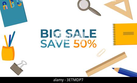 Back to School Sale Rabattbanner mit Schulelementen und Verkaufsetiketten. Für Werbung, Webdesign, soziale Medien und Printwerbung Vektorillustration Stock Vektor
