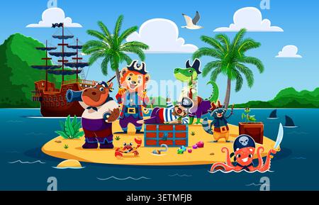 Tierpiraten und Korsaren auf einer tropischen Insel mit Schätzen. Lebendige Zeichentrickillustration mit Löwenkapitän, Nilpferd und Krokodil. Tropische Insel für Kinderspiele und Poster Stock Vektor