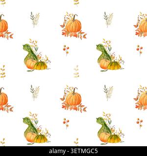 Nahtloses Aquarellmuster mit grün-orange und orange Kürbissen mit Herbstzweigen, Beeren und anderen Blättern auf weißem Hintergrund Stockfoto