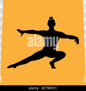 Weibliche Silhouette, die sich in einem tiefen Ausfallschritt ausbalanciert, mit einem Bein ausgestreckt und den Armen ausgestreckt, dargestellt auf einem flachen orangefarbenen quadratischen Teppich Gymnastischer künstlerischer Boden Übung Element minimalistisches flaches Design Stock Vektor