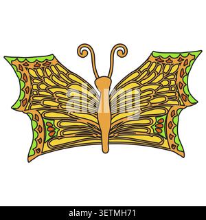 Gelber Schmetterling im Cartoon-Stil mit schwarzer Umrandung. Vektorillustration auf weißem Hintergrund isoliert. Stock Vektor