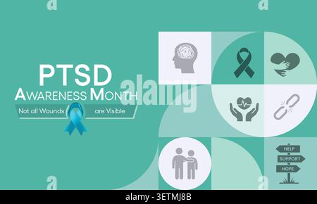 Der PTSD-Sensibilisierungsmonat wird jedes Jahr im Juni beobachtet. Die posttraumatische Belastungsstörung ist eine psychiatrische Störung, die bei Menschen mit Erfahrung auftreten kann Stock Vektor