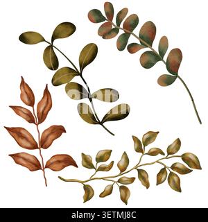 Sammlung von Herbstblättern mit Aquarell. Enthält verschiedene Arten von Blättern, Eiche, Ahorn, Kastanie in warmen saisonalen Farben. Perfekt für den Herbst Stockfoto