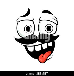 Comic-lustiges Gesichts-Emoji mit Schnurrbart, fröhlichem Ausdruck, lächelnder Comic-Charakter mit Brillenaugen und Zunge, die hervorsteht. Fröhlich und schrullig Stock Vektor