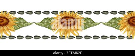 Nahtloser Rand mit leuchtend gelben Sonnenblumen und grünen Blättern. Perfekt für Einladungen, Verpackungen oder dekorative Designs. Stockfoto