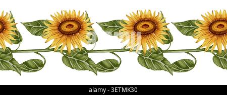Nahtloser Rand mit leuchtend gelben Sonnenblumen und grünen Blättern. Perfekt für Einladungen, Verpackungen oder dekorative Designs. Stockfoto