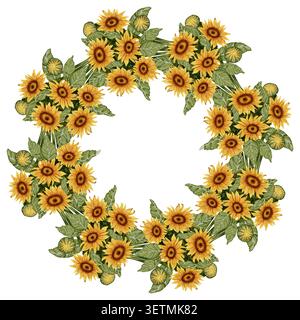 Handbemalter Aquarellkranz aus Sonnenblumen und grünen Blättern. Perfekt für Einladungen, saisonale Grußkarten, Hochzeitsdesign und rustikale Einrichtung Stockfoto