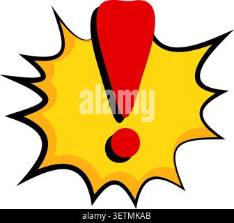 Gelbe Comic-Burst-Illustration, rote Ausrufezeichen, Pop-Art-Stil Stock Vektor