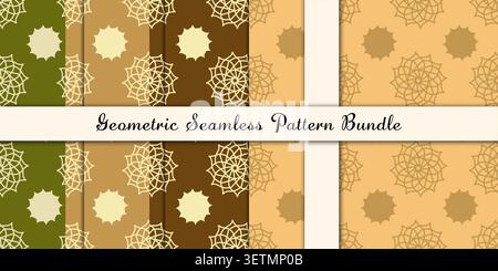 Nahtloses Bündel mit geometrischem Mandala-Muster mit abstrakten Blumenornamenten und dekorativen, sich wiederholenden Hintergründen. Stock Vektor