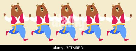 Ein süßer Bär in einem Volkstracht tanzt einen Volkstanz. Teddy Bears Tänzerinnen. Farbige Illustration in flachem Stil auf beigefarbenem Hintergrund. Stock Vektor
