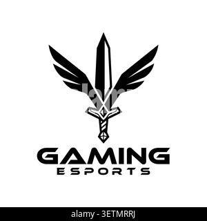 Auffälliges Gaming-Logo mit geflügeltem Schwert und ausgestreckten Flügeln, das Sieg, Stärke, Ehre und Co symbolisiert Stock Vektor