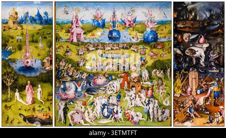 Hieronymus Bosch, der Garten der irdischen Freuden, Triptychon-Gemälde in Öl auf Tafel, um 1480 Stockfoto