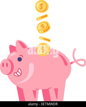 Schweinebank mit fallenden Münzen flache Illustration, die das Sparen von Haushaltsmitteln und persönlichem Vermögen darstellt Stock Vektor