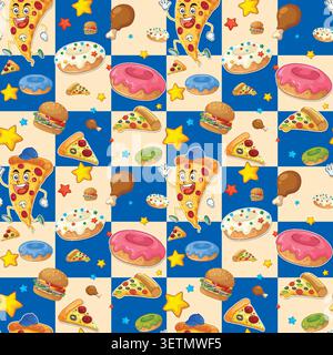 Vektor-Illustration von animierten Pizzascheiben, Donuts und Burgern auf einem karierten Fliesenlayout. Stock Vektor