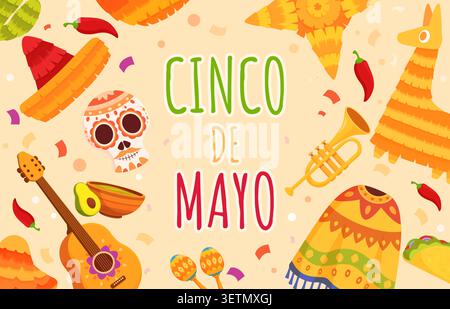 Mexikanisches Karnevalsbanner. Farbenfrohes Poster des Cinco de Mayo Festivals. Dekorativer Hintergrund mit mexiko-Symbolen, Pinatas, Essen, sapid Vektor-Design Stock Vektor