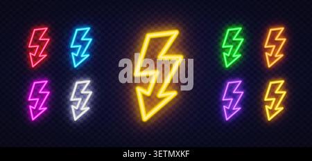 Set aus 9 Neonblitzsymbolen mit abwärts gerichteter Pfeilspitze in Gelb, Rot, Blau, Grün, Orange, Rosa und Lila auf dunklem, transparentem Hintergrund. Stock Vektor